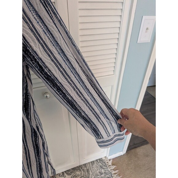 Chicos Travelers Top Womens L/2 Blue Sheer Mesh Button Up Stripe Shirt Coverup - Picture 5 of 13